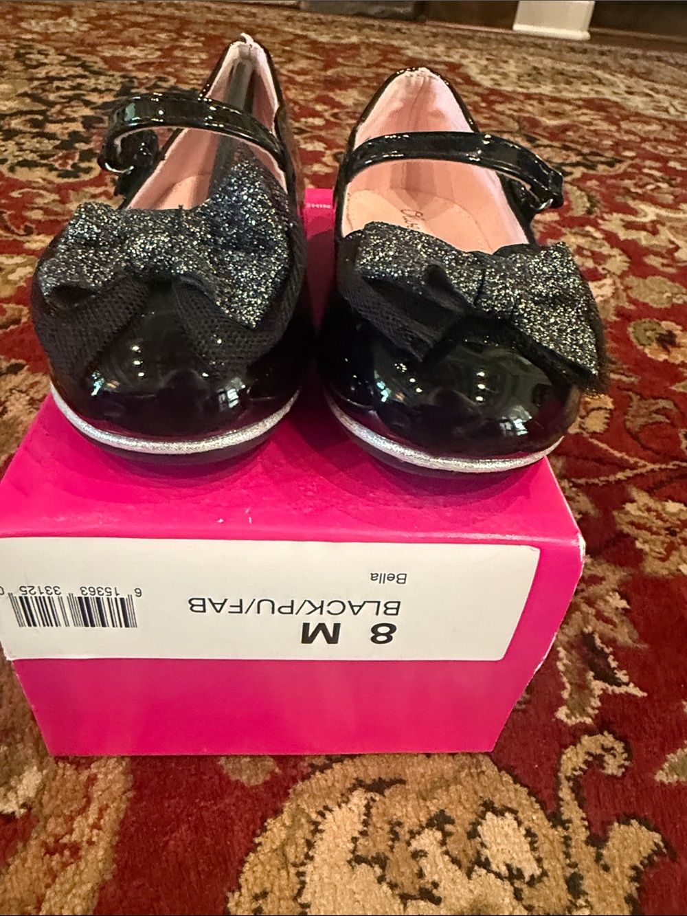 Olive & Edie Black Patent Mary Jane Shoes with Glitter Bow